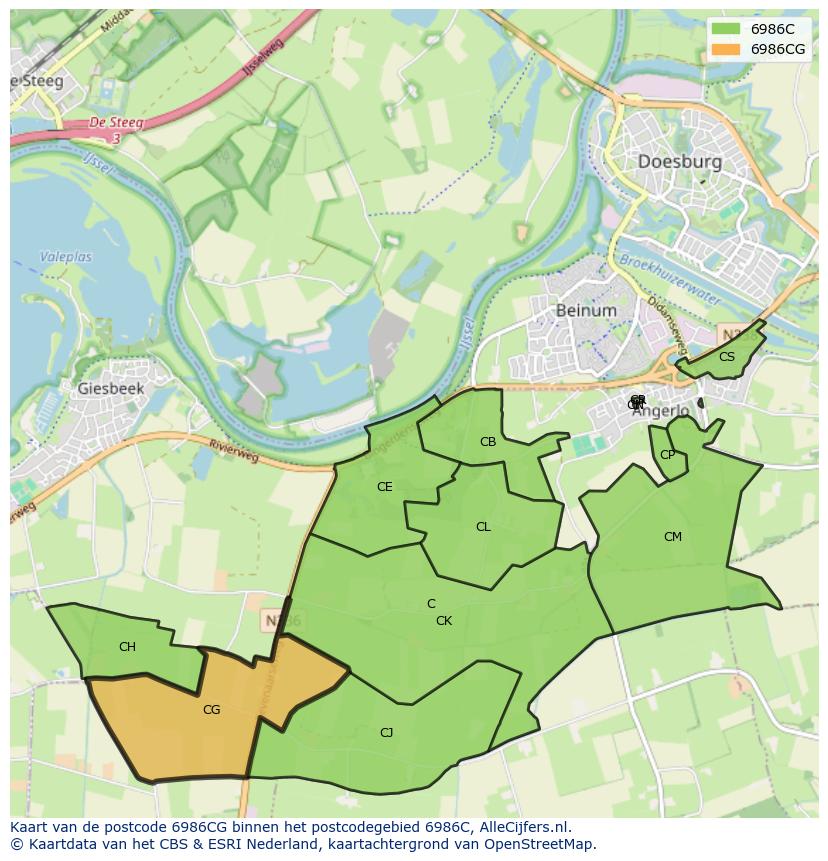 Afbeelding van het postcodegebied 6986 CG op de kaart.