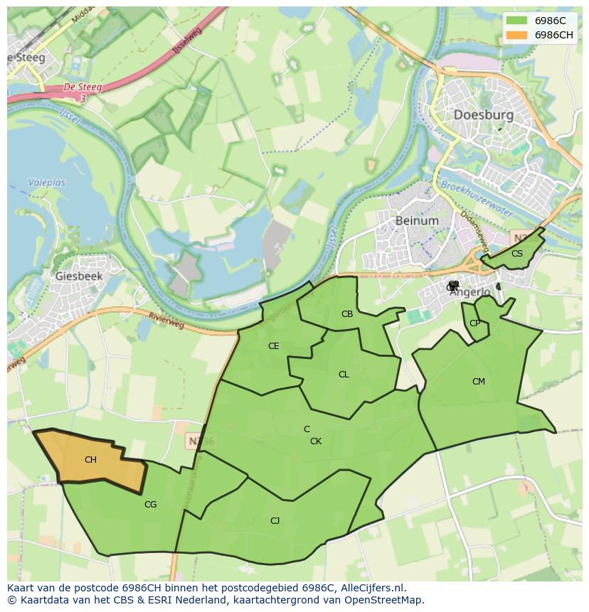 Afbeelding van het postcodegebied 6986 CH op de kaart.