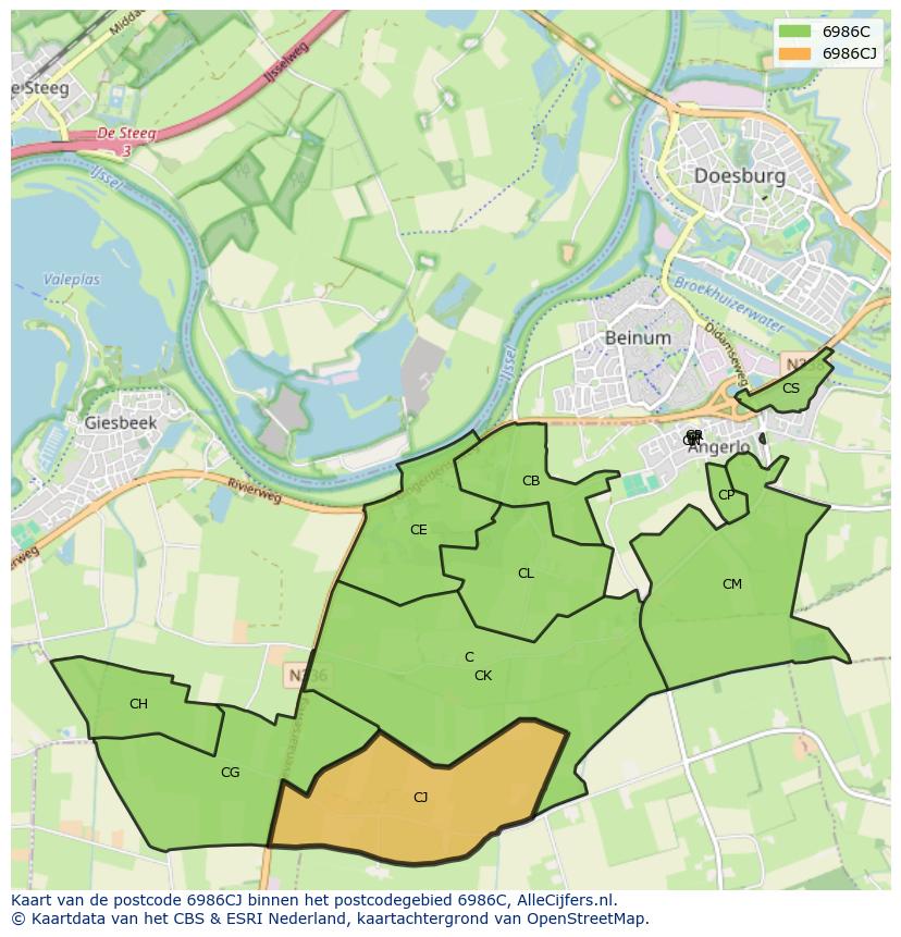 Afbeelding van het postcodegebied 6986 CJ op de kaart.