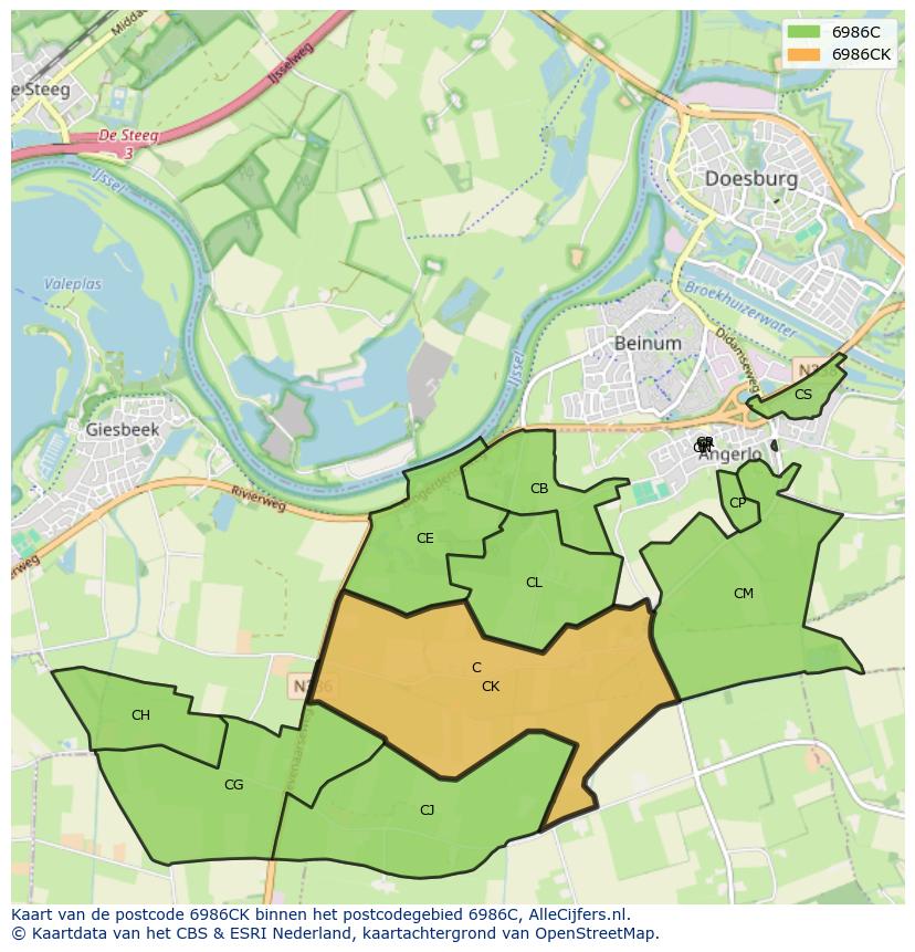 Afbeelding van het postcodegebied 6986 CK op de kaart.