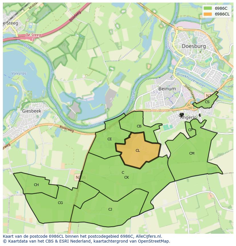 Afbeelding van het postcodegebied 6986 CL op de kaart.
