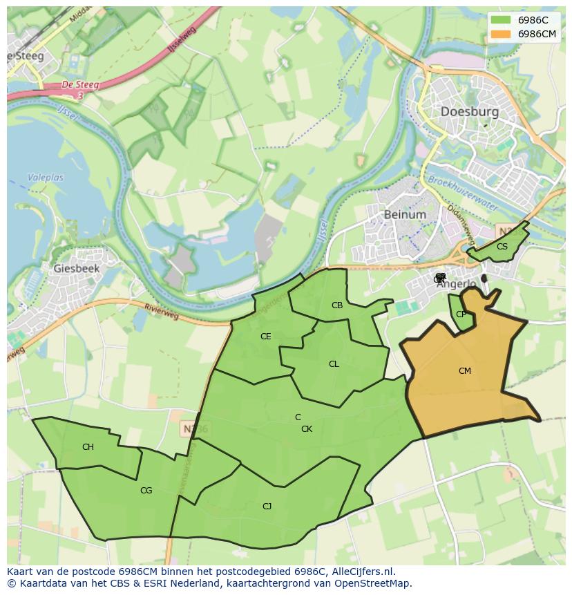 Afbeelding van het postcodegebied 6986 CM op de kaart.