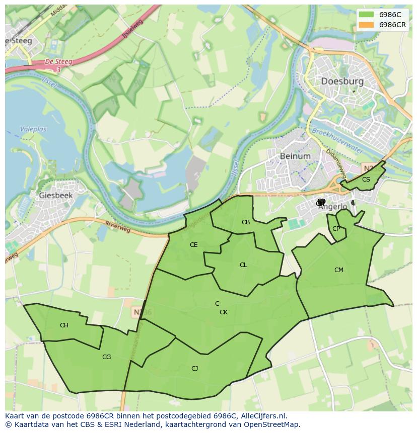 Afbeelding van het postcodegebied 6986 CR op de kaart.