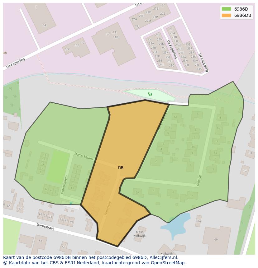 Afbeelding van het postcodegebied 6986 DB op de kaart.