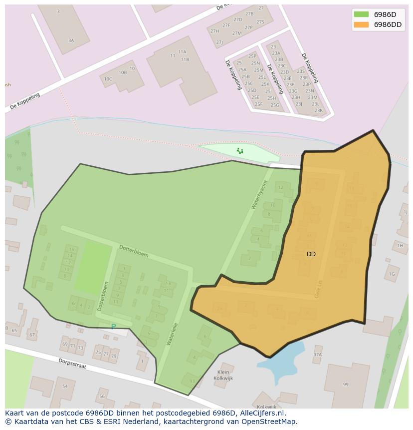 Afbeelding van het postcodegebied 6986 DD op de kaart.