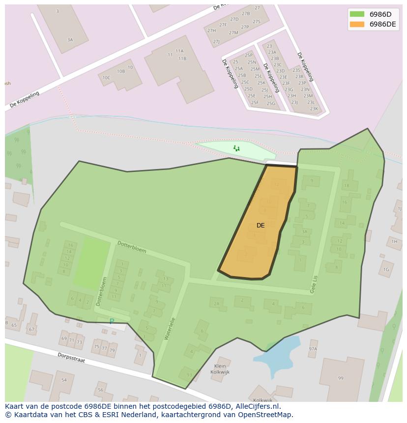 Afbeelding van het postcodegebied 6986 DE op de kaart.