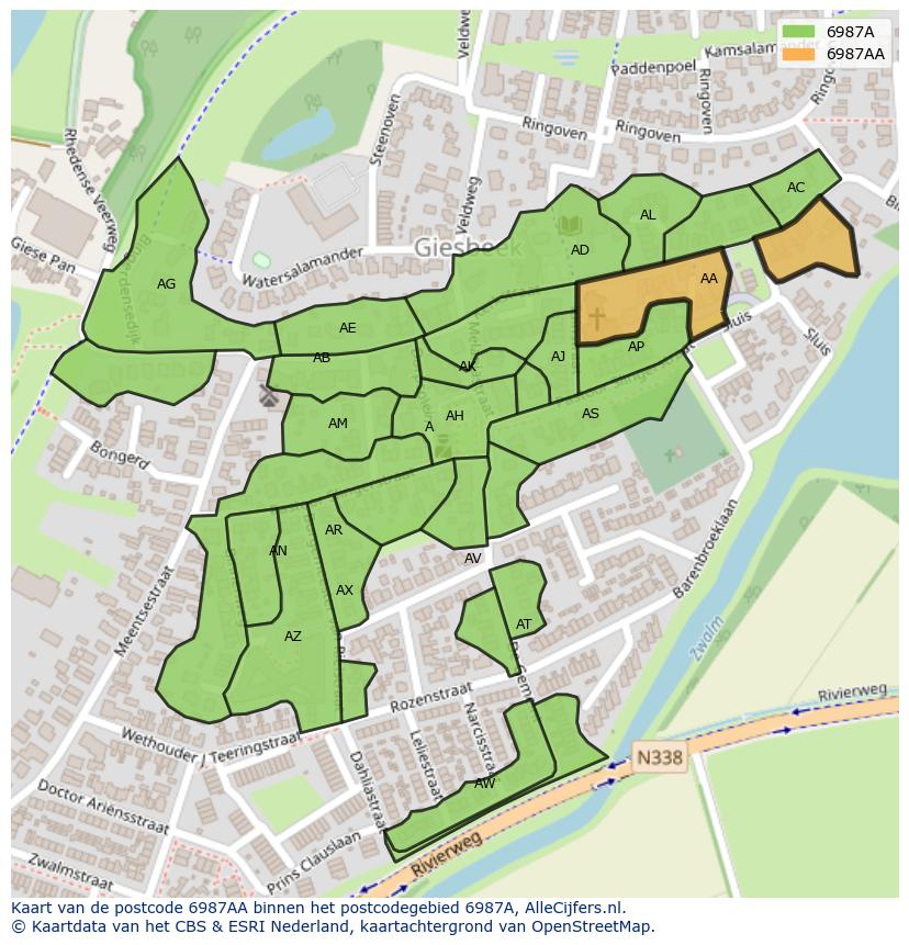 Afbeelding van het postcodegebied 6987 AA op de kaart.