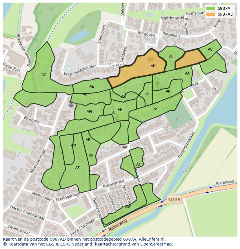 Afbeelding van het postcodegebied 6987 AD op de kaart.