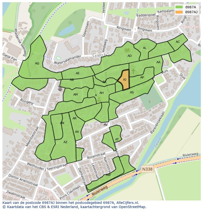 Afbeelding van het postcodegebied 6987 AJ op de kaart.