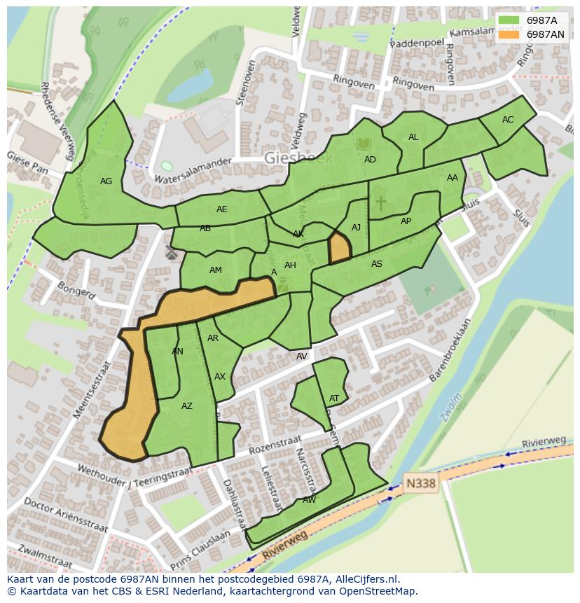 Afbeelding van het postcodegebied 6987 AN op de kaart.