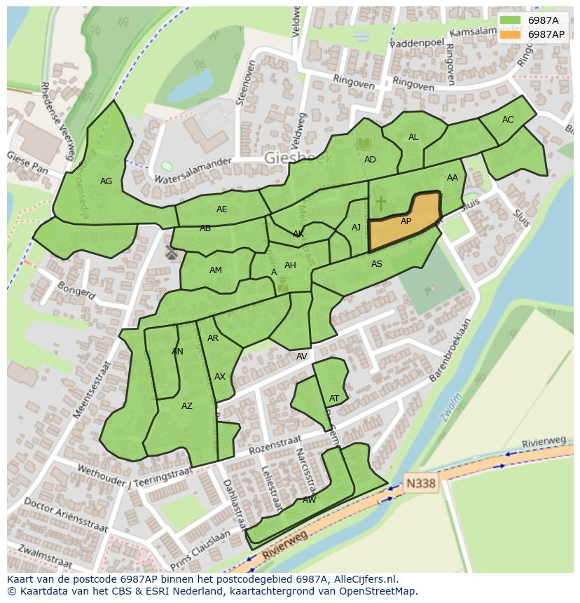 Afbeelding van het postcodegebied 6987 AP op de kaart.