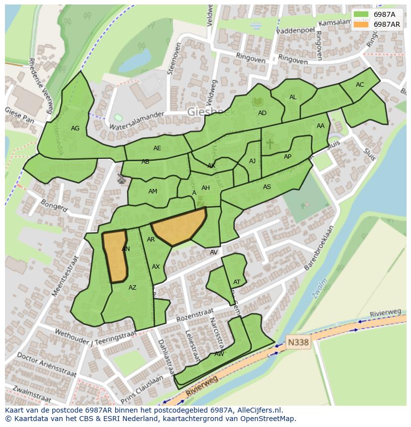 Afbeelding van het postcodegebied 6987 AR op de kaart.