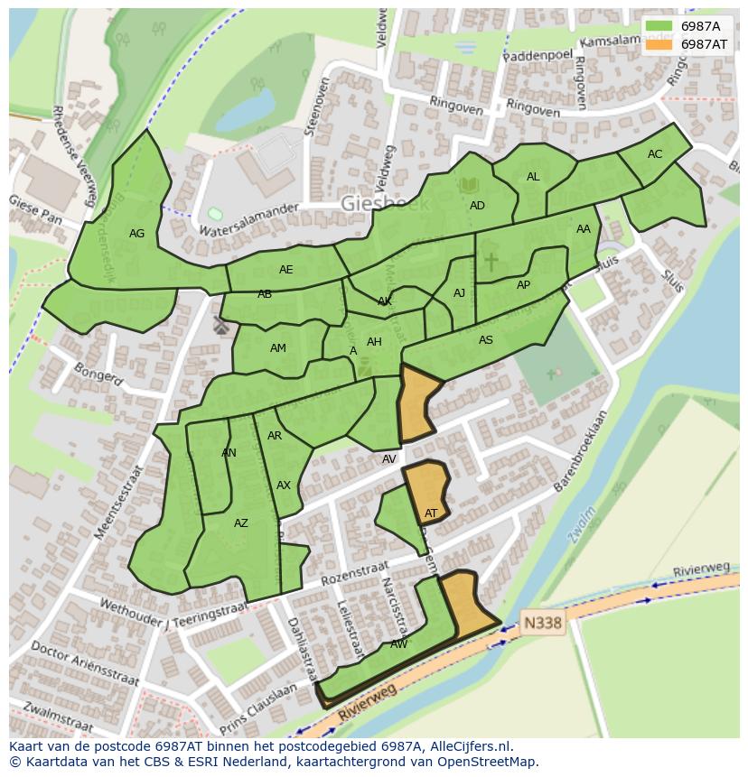 Afbeelding van het postcodegebied 6987 AT op de kaart.