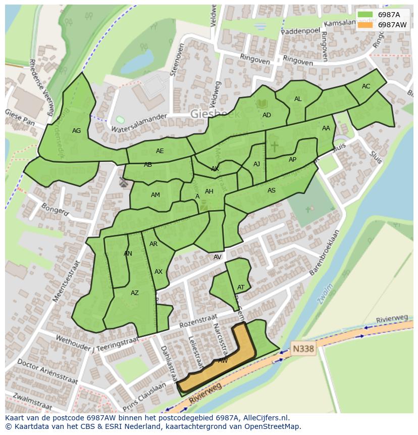 Afbeelding van het postcodegebied 6987 AW op de kaart.