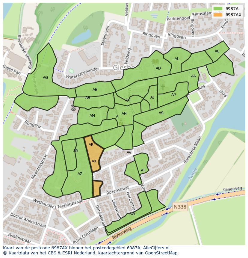 Afbeelding van het postcodegebied 6987 AX op de kaart.