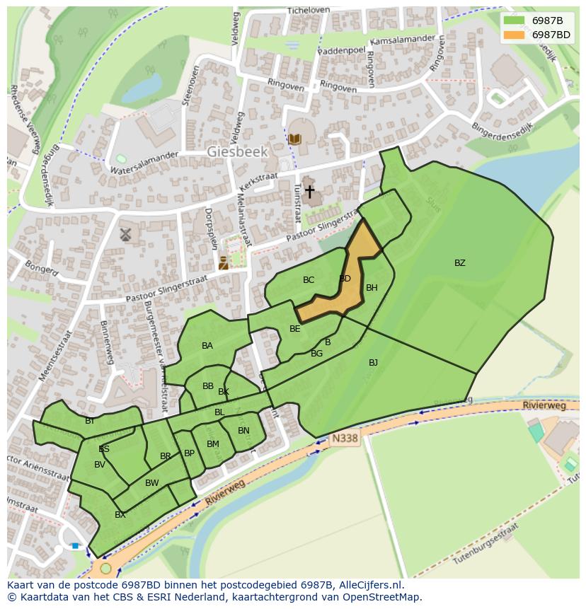Afbeelding van het postcodegebied 6987 BD op de kaart.