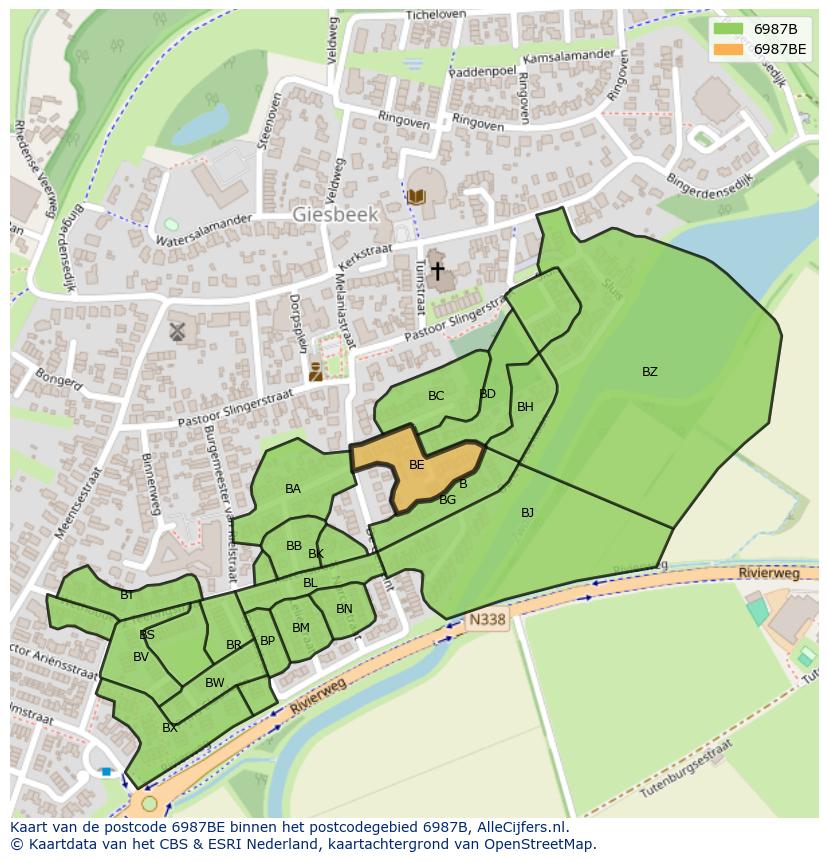 Afbeelding van het postcodegebied 6987 BE op de kaart.