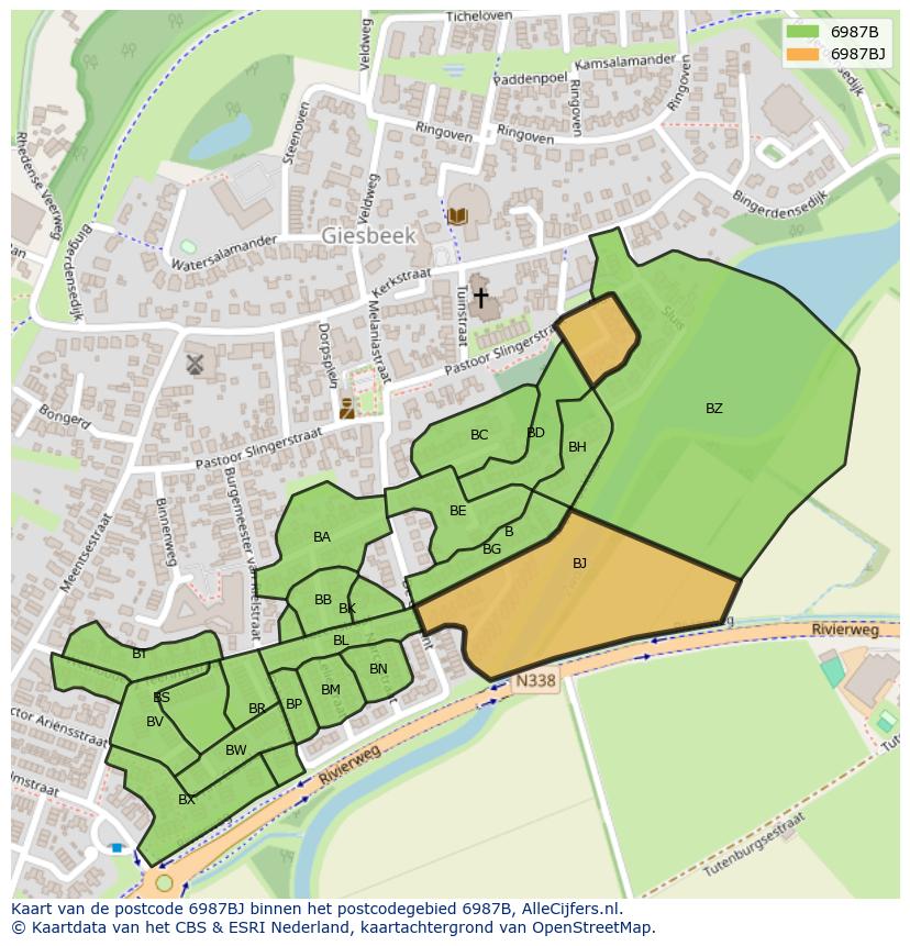 Afbeelding van het postcodegebied 6987 BJ op de kaart.