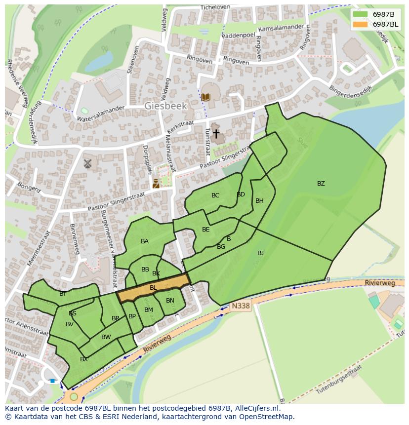 Afbeelding van het postcodegebied 6987 BL op de kaart.
