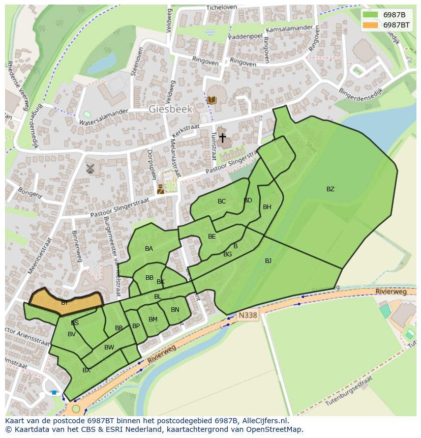 Afbeelding van het postcodegebied 6987 BT op de kaart.