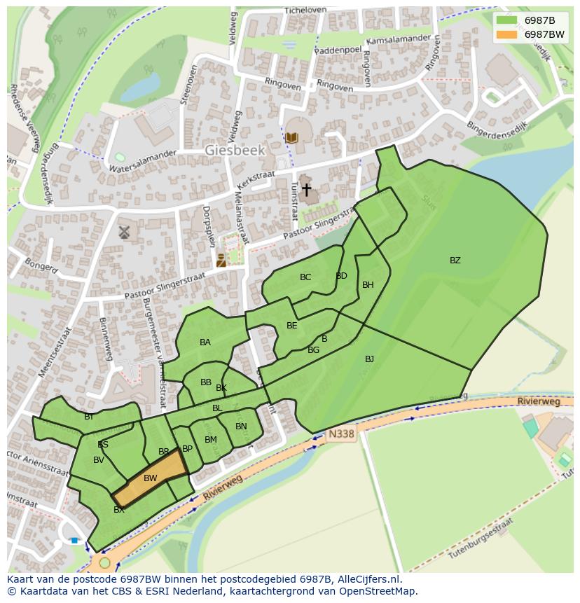 Afbeelding van het postcodegebied 6987 BW op de kaart.