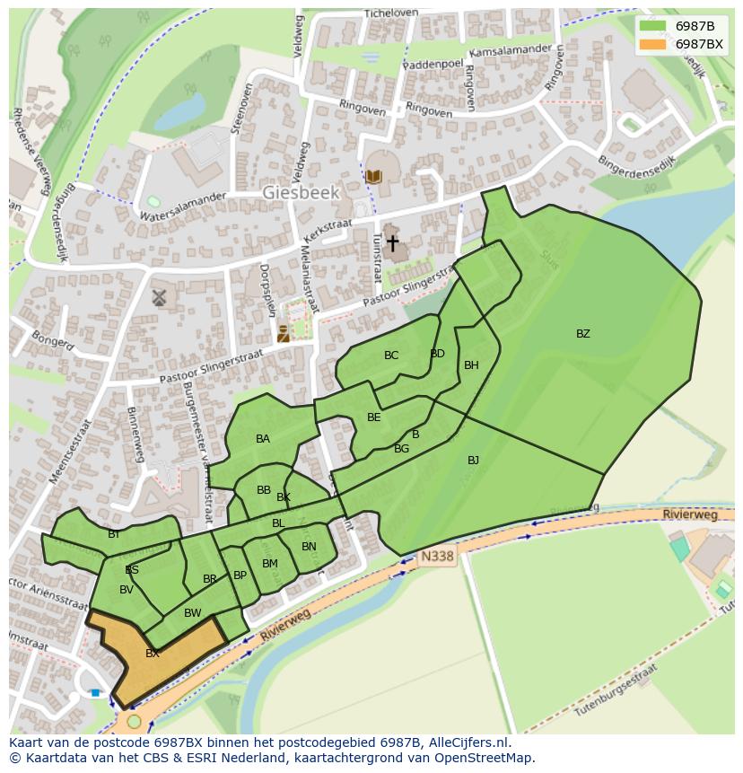 Afbeelding van het postcodegebied 6987 BX op de kaart.