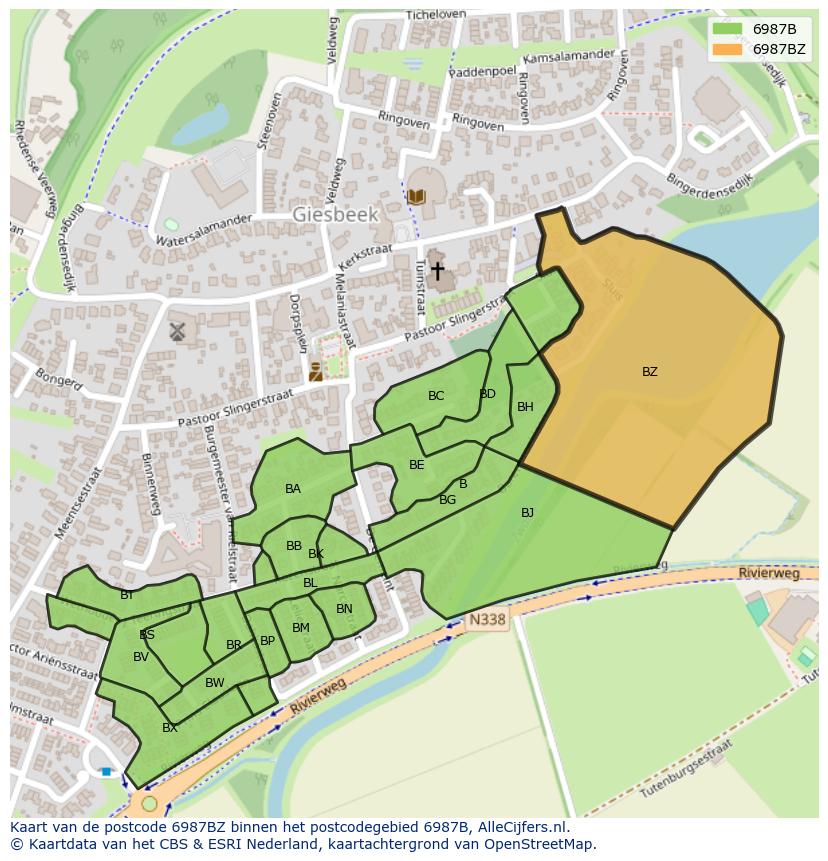Afbeelding van het postcodegebied 6987 BZ op de kaart.