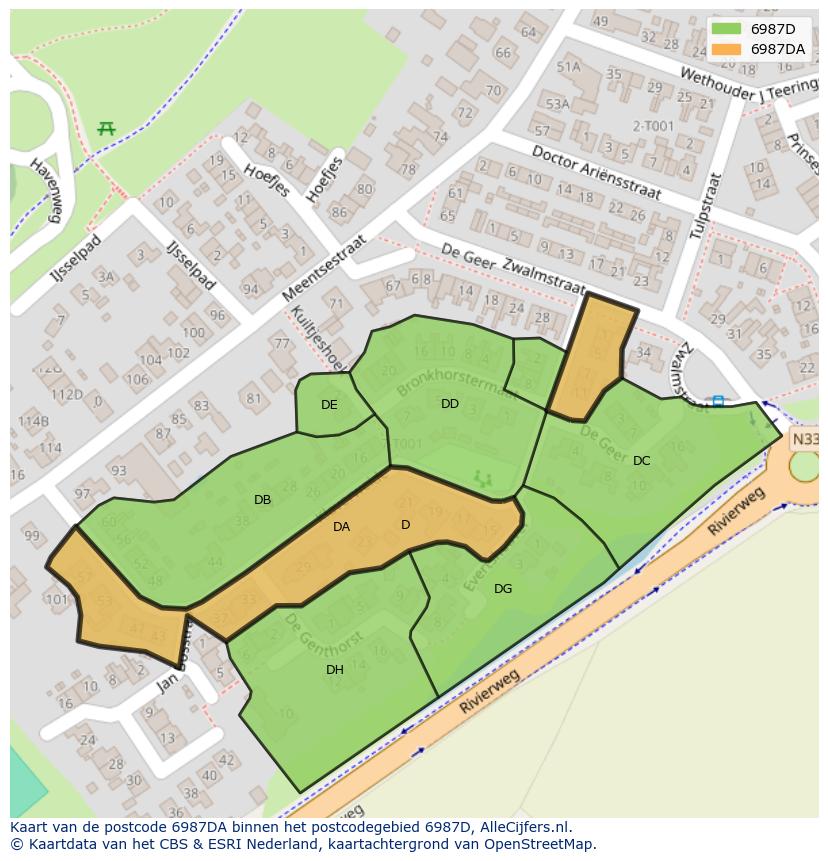 Afbeelding van het postcodegebied 6987 DA op de kaart.