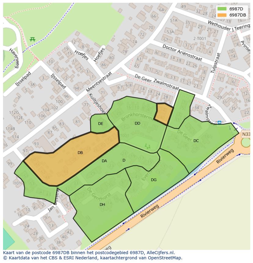 Afbeelding van het postcodegebied 6987 DB op de kaart.