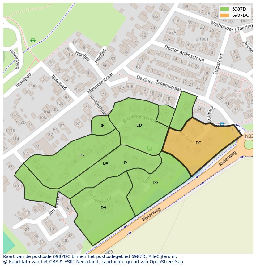 Afbeelding van het postcodegebied 6987 DC op de kaart.