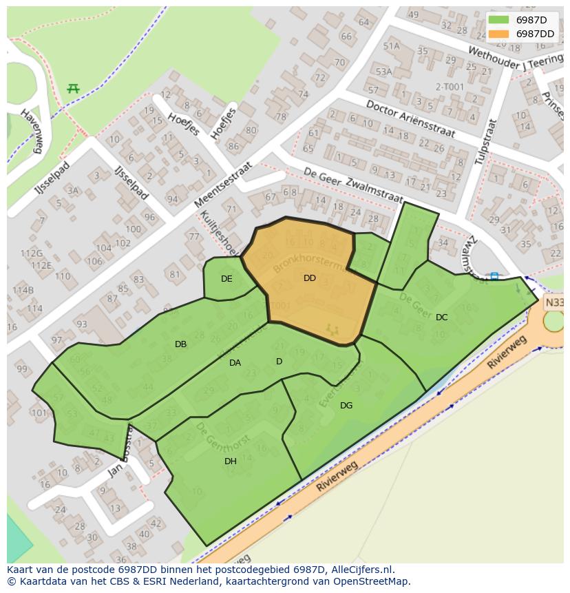 Afbeelding van het postcodegebied 6987 DD op de kaart.