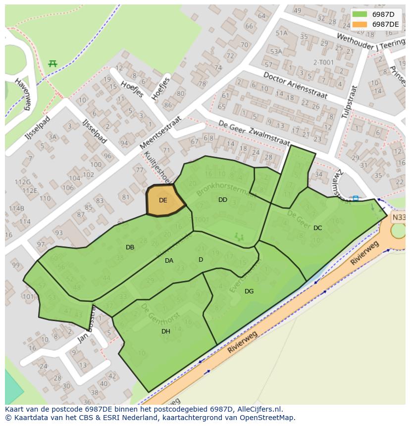 Afbeelding van het postcodegebied 6987 DE op de kaart.