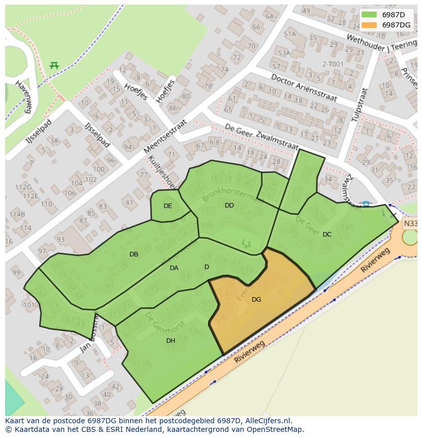 Afbeelding van het postcodegebied 6987 DG op de kaart.