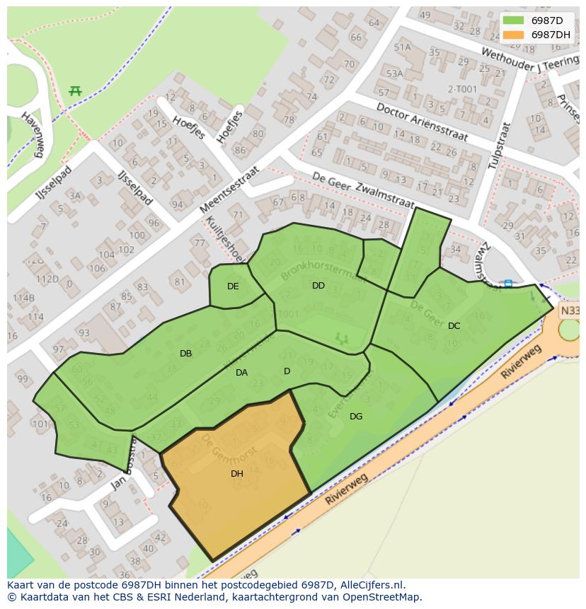 Afbeelding van het postcodegebied 6987 DH op de kaart.