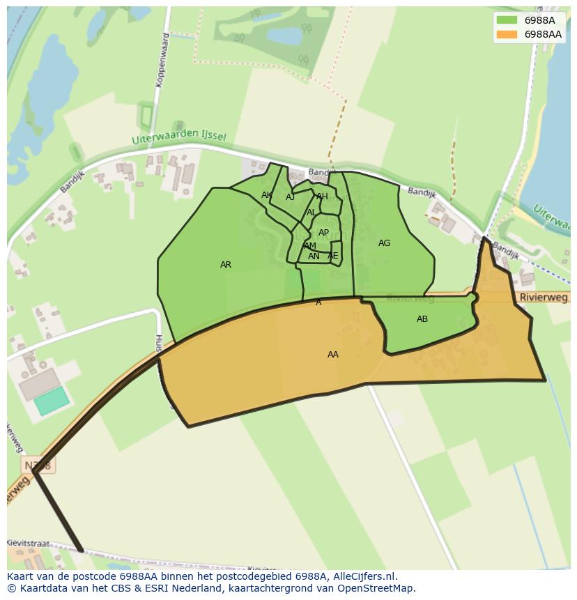 Afbeelding van het postcodegebied 6988 AA op de kaart.