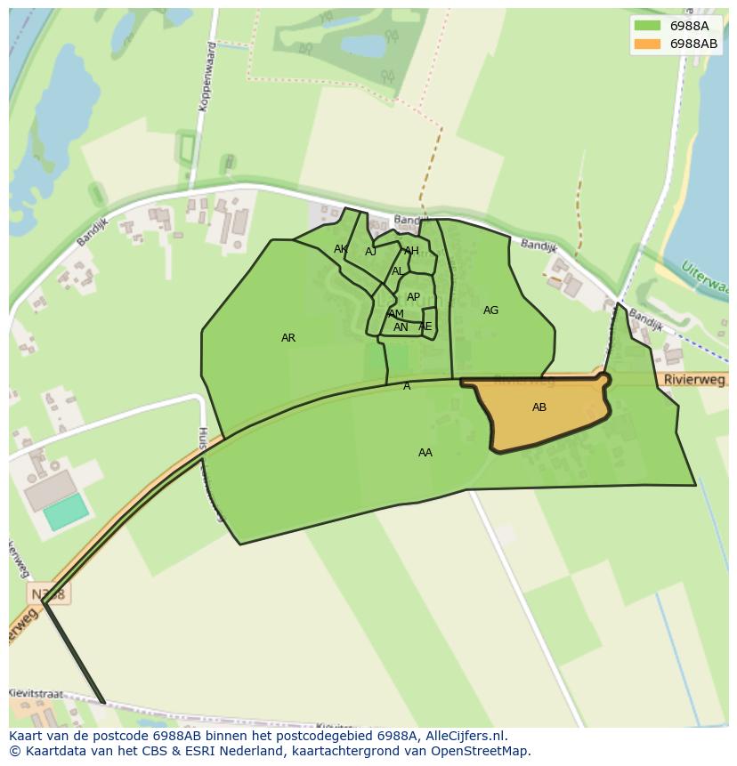 Afbeelding van het postcodegebied 6988 AB op de kaart.