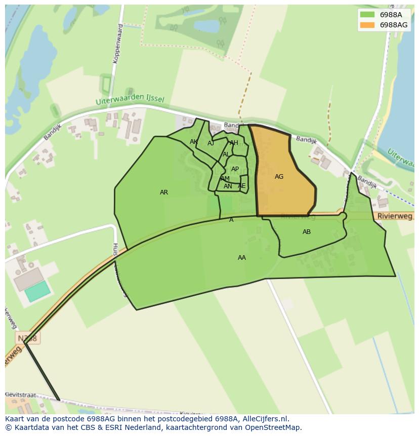 Afbeelding van het postcodegebied 6988 AG op de kaart.