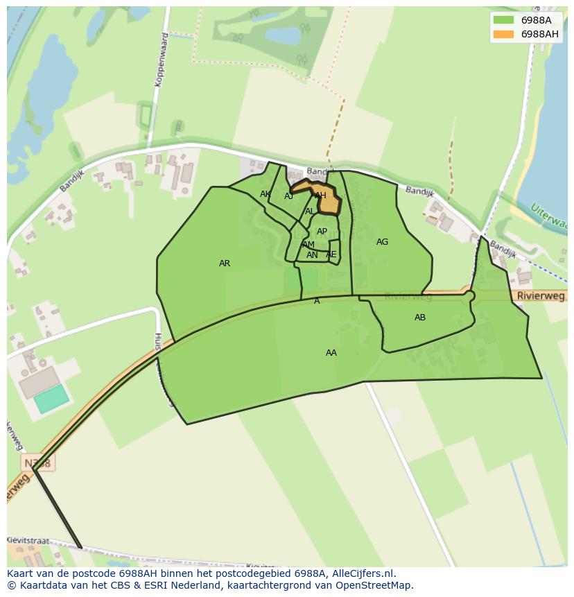 Afbeelding van het postcodegebied 6988 AH op de kaart.