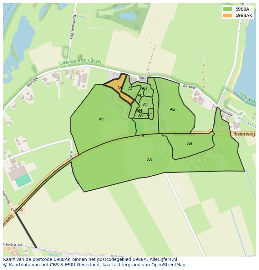 Afbeelding van het postcodegebied 6988 AK op de kaart.