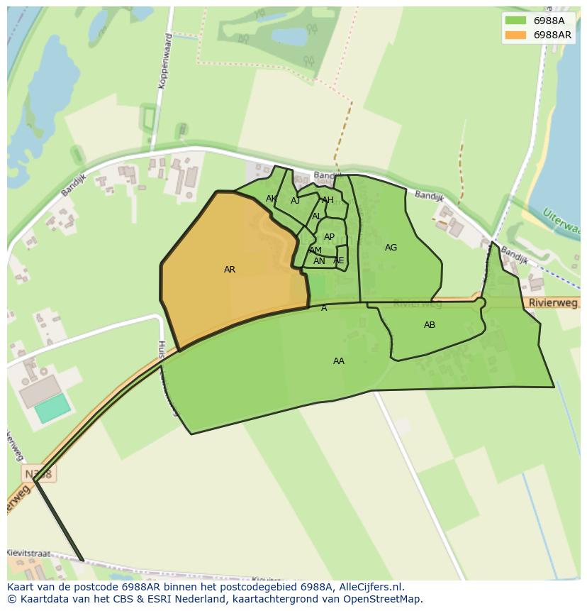 Afbeelding van het postcodegebied 6988 AR op de kaart.