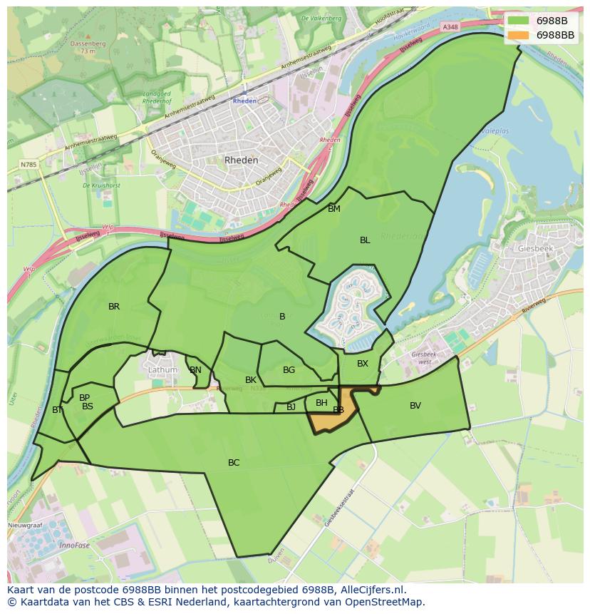 Afbeelding van het postcodegebied 6988 BB op de kaart.