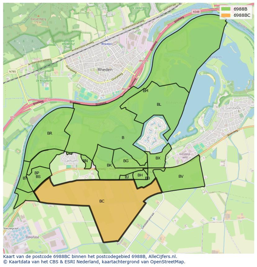 Afbeelding van het postcodegebied 6988 BC op de kaart.