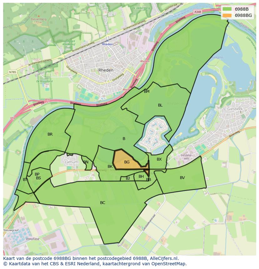 Afbeelding van het postcodegebied 6988 BG op de kaart.