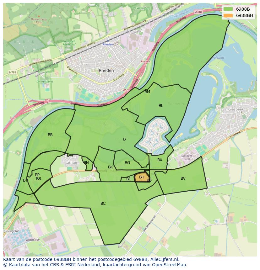 Afbeelding van het postcodegebied 6988 BH op de kaart.