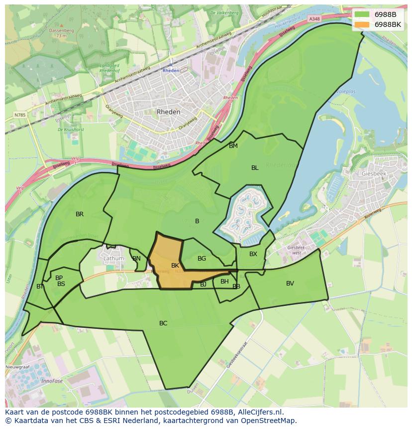 Afbeelding van het postcodegebied 6988 BK op de kaart.