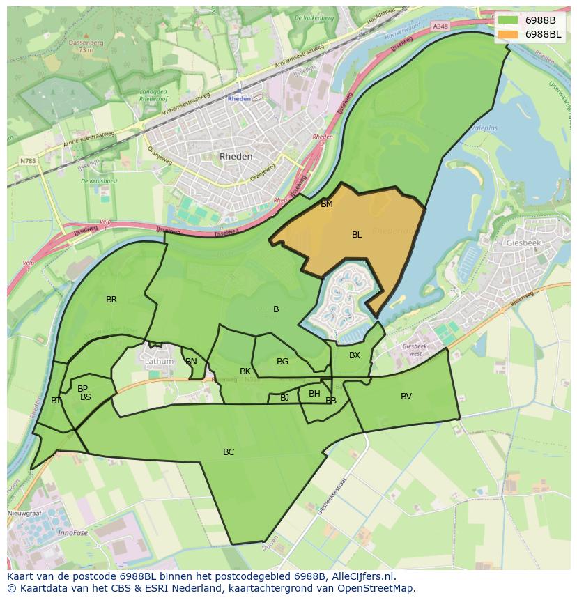Afbeelding van het postcodegebied 6988 BL op de kaart.