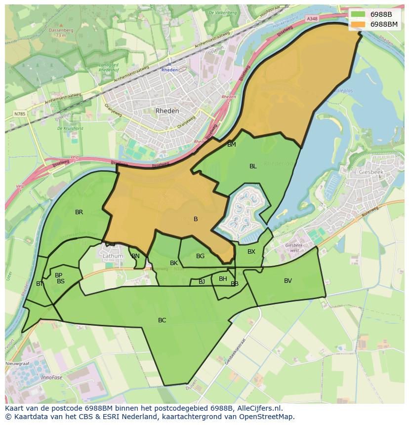 Afbeelding van het postcodegebied 6988 BM op de kaart.