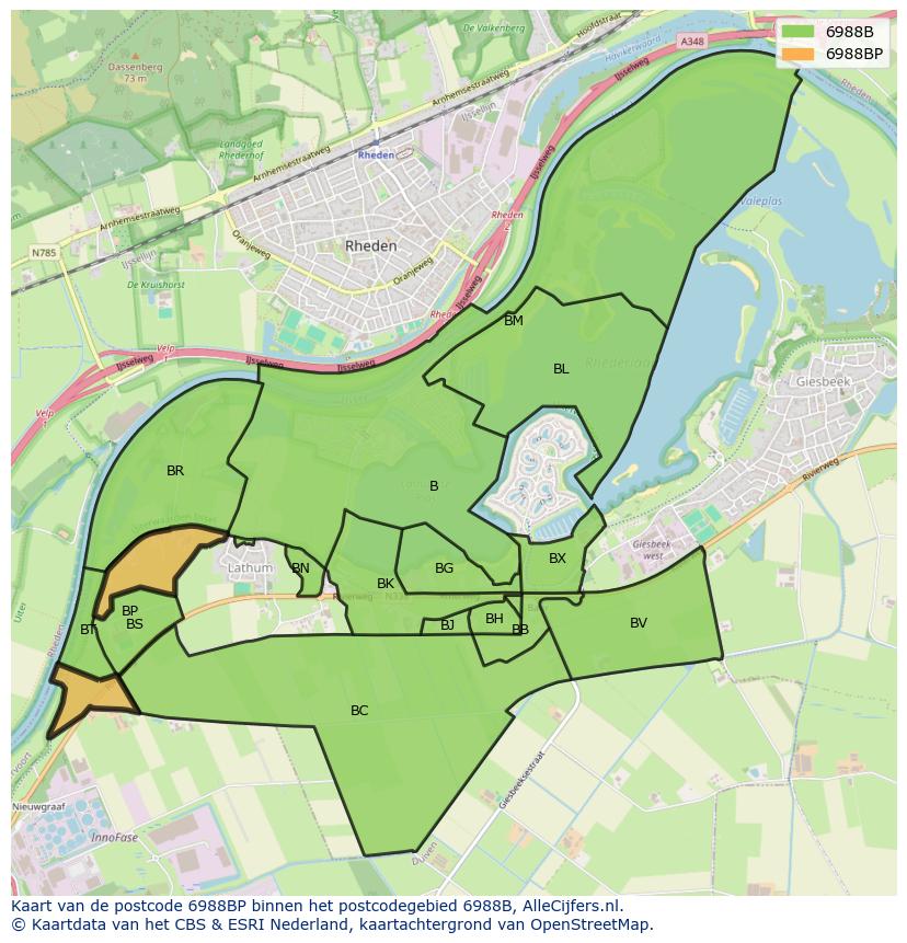 Afbeelding van het postcodegebied 6988 BP op de kaart.