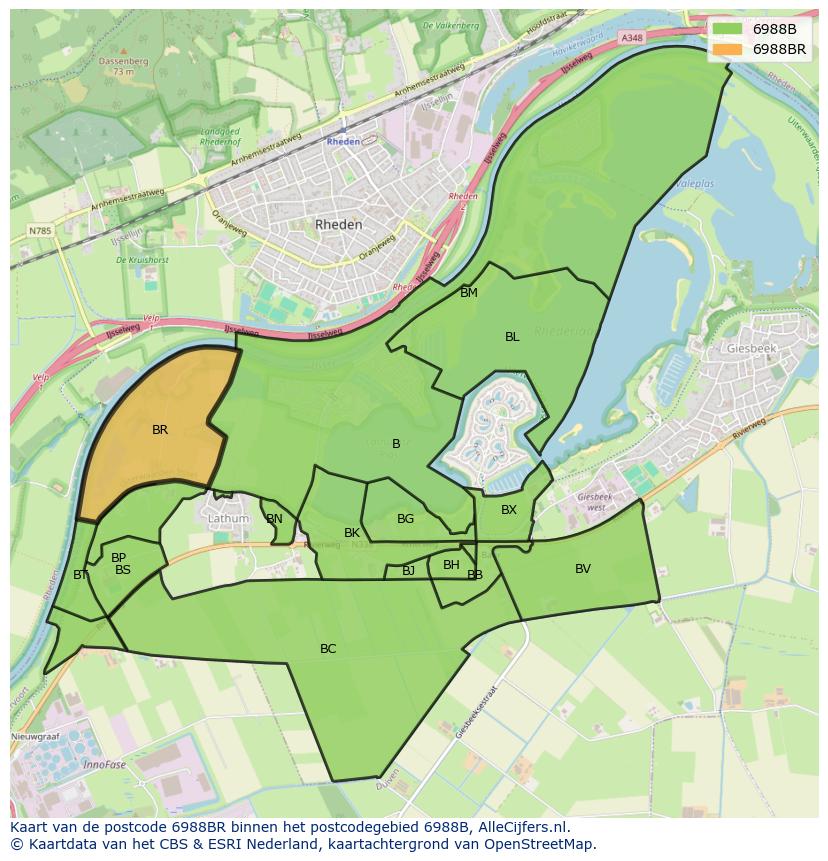 Afbeelding van het postcodegebied 6988 BR op de kaart.
