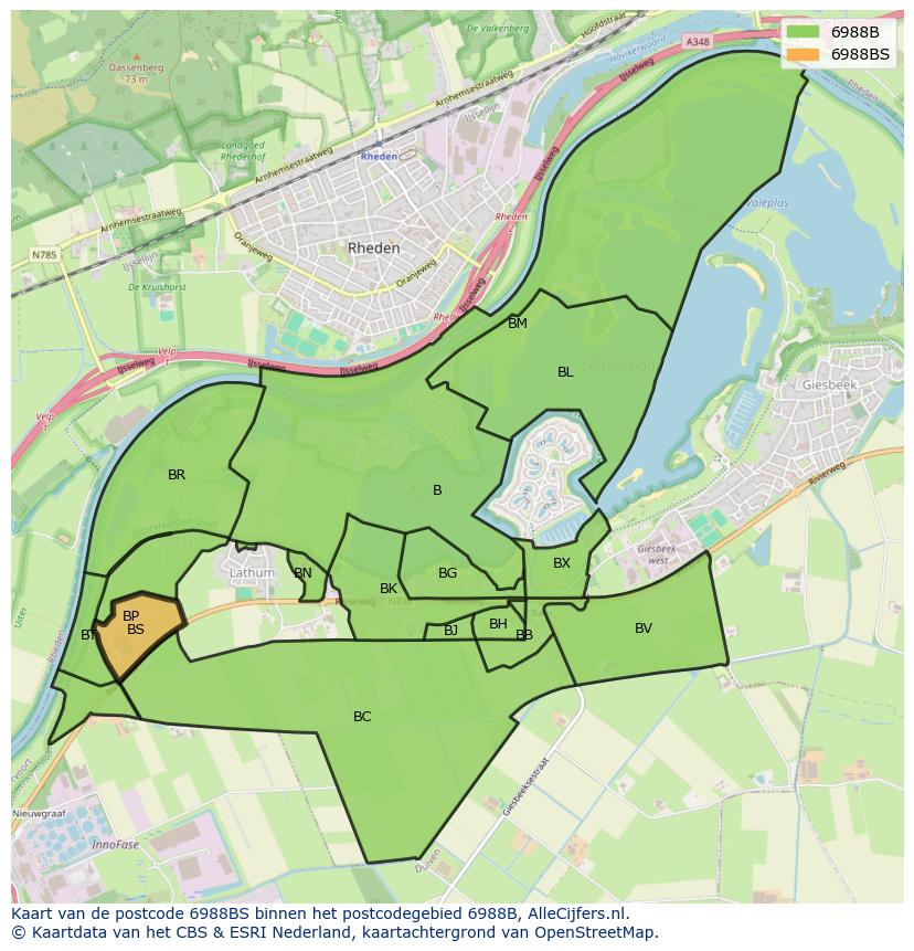Afbeelding van het postcodegebied 6988 BS op de kaart.